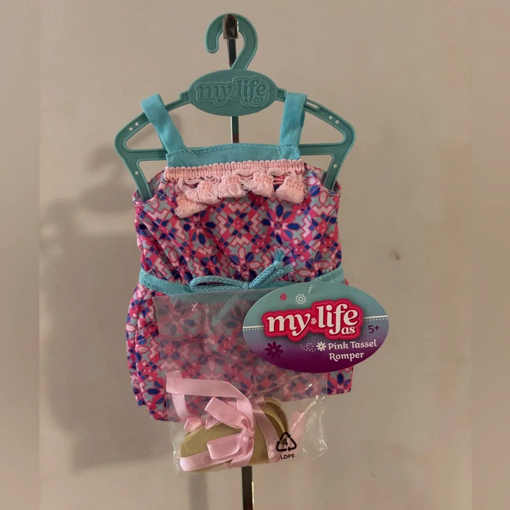 My Life As doll outfit Pink Tassel Romper for 18 inch dolls romper shoes hanger